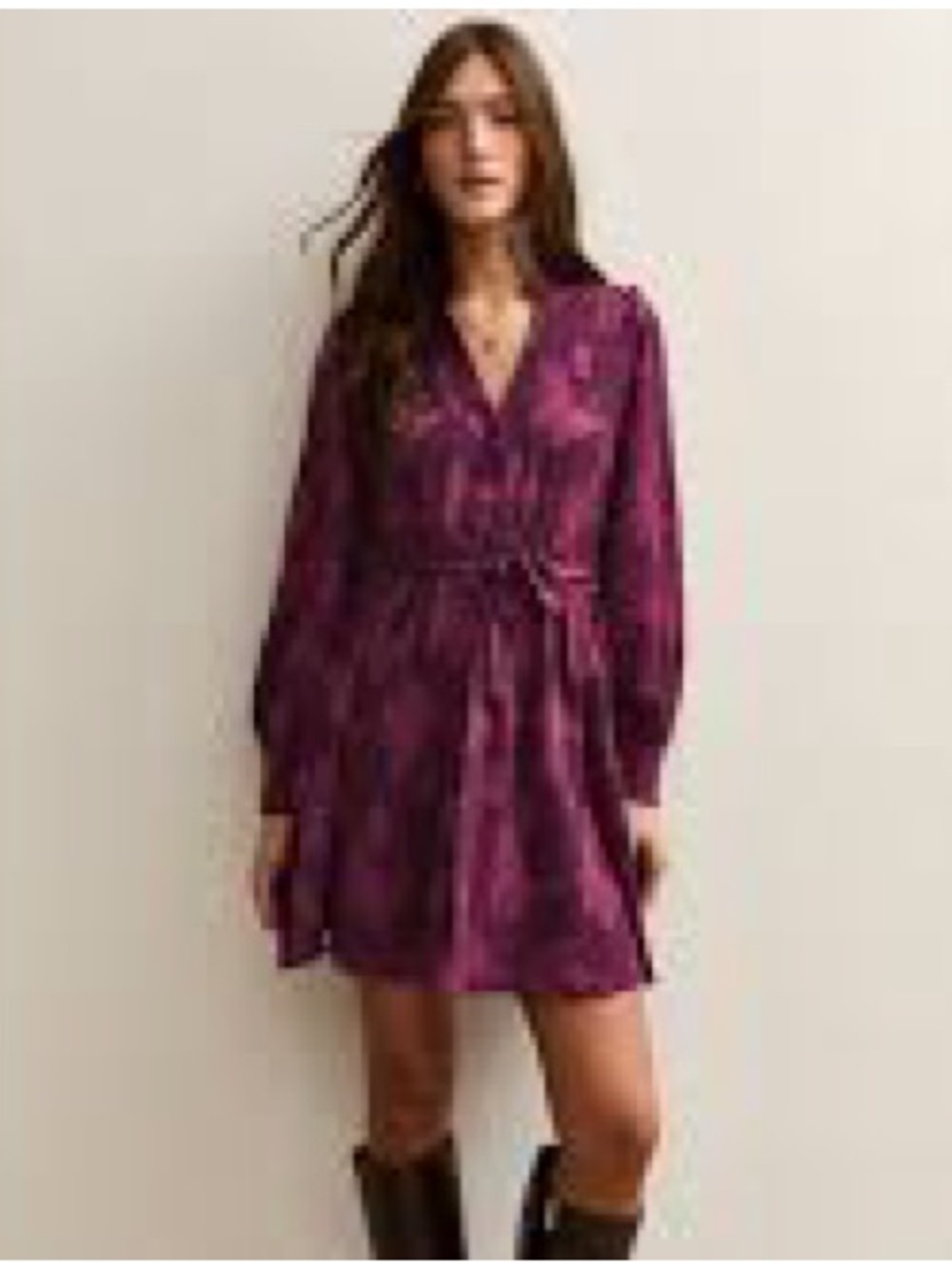 Full circle silk V-Neck Long-Sleeve Wrap Dress in Plum